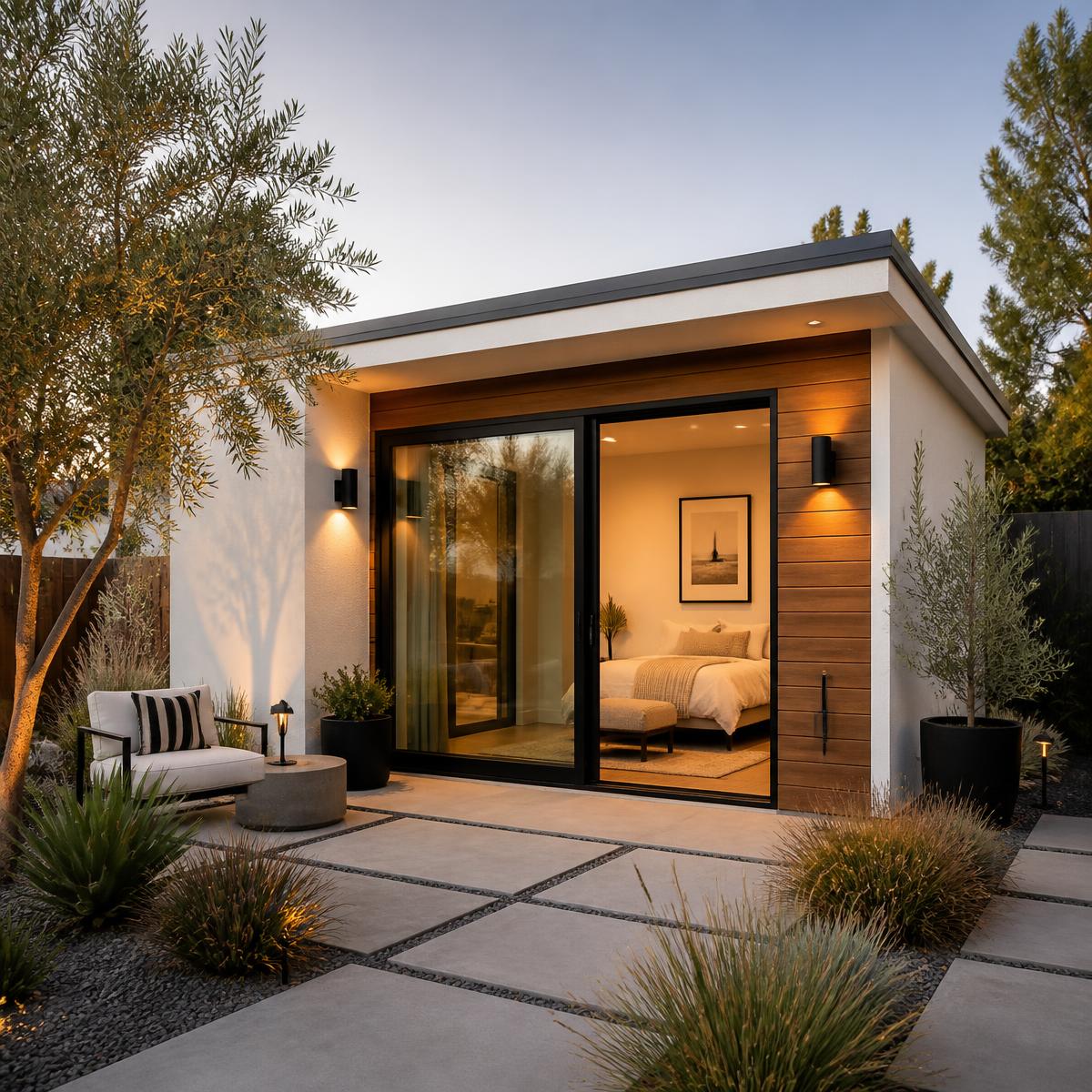 Modern backyard ADU with wood siding beside a mature olive tree