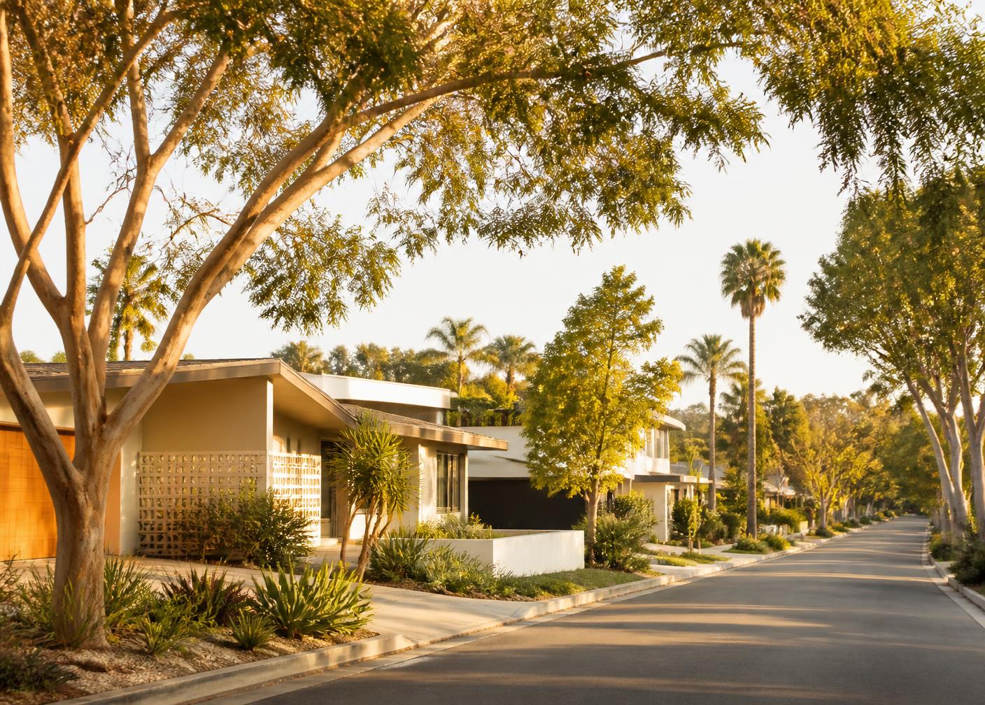 Tree-lined Costa Mesa residential street with mid-century homes